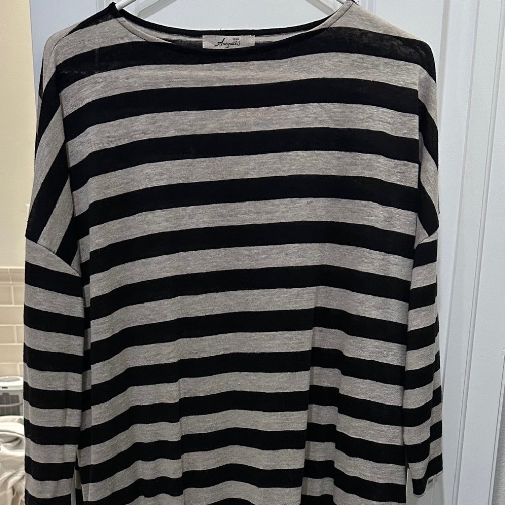 Ichi Antiquites Linen Striped Dress - Black/Cream